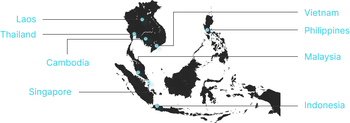 Southeast Asia coverage map with Ryoss service locations across the region.